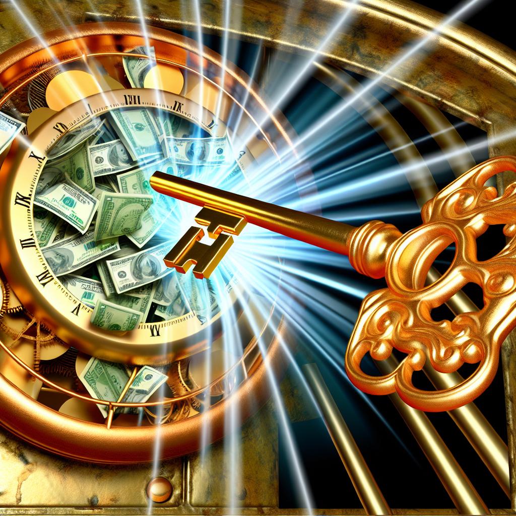 A golden key unlocking a clock face, with stacks of coins and dollar bills emerging from the center.